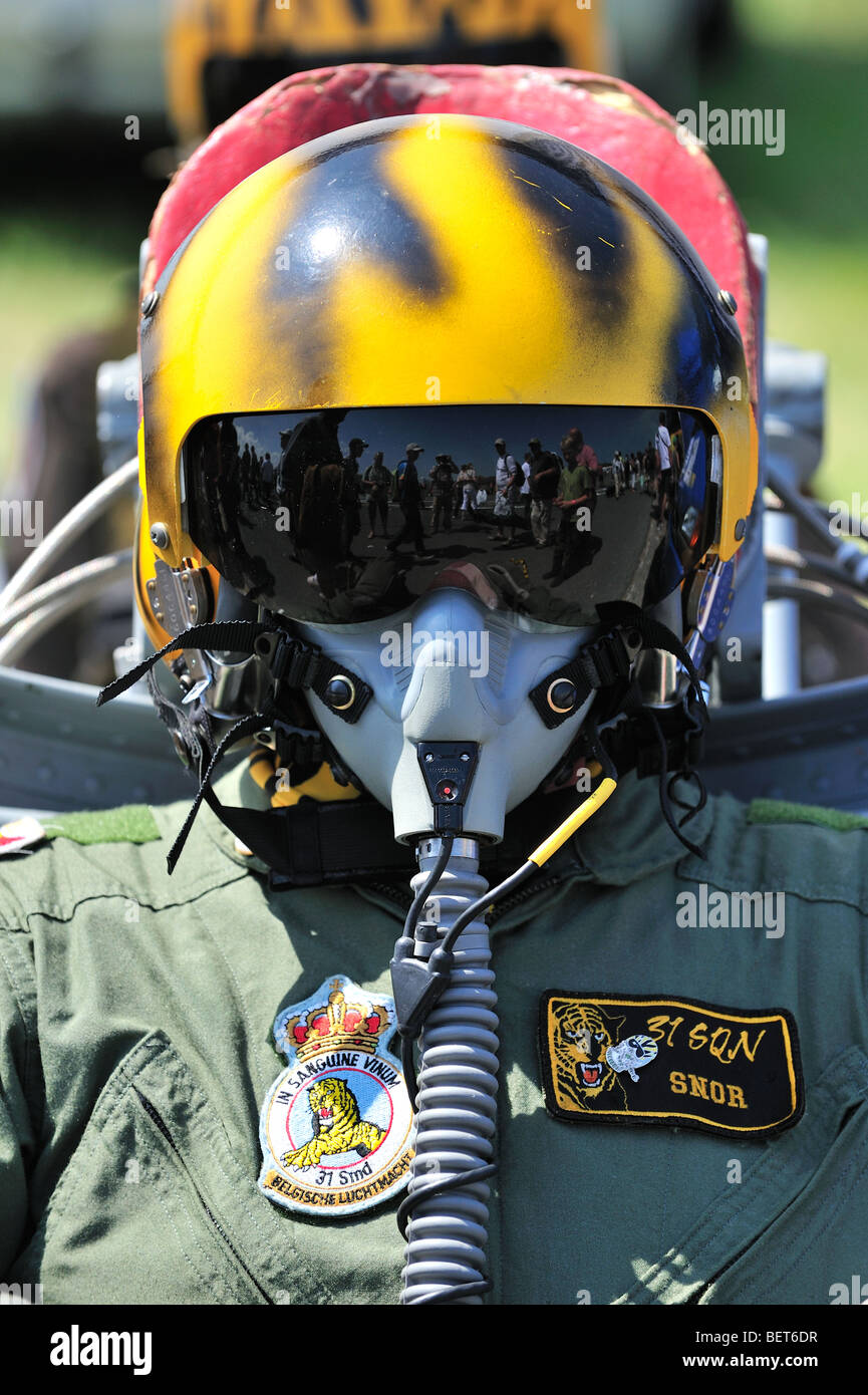 Close up of fighter jet pilot wearing helmet at airshow in Koksijde, Belgium Stock Photo