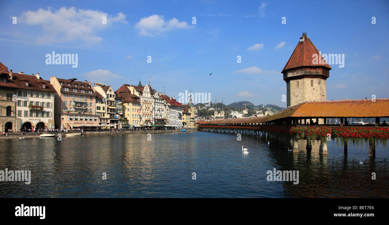 Switzerland, Lucerne, Luzern, old town skyline, Kapellbrucke bridge Stock Photo