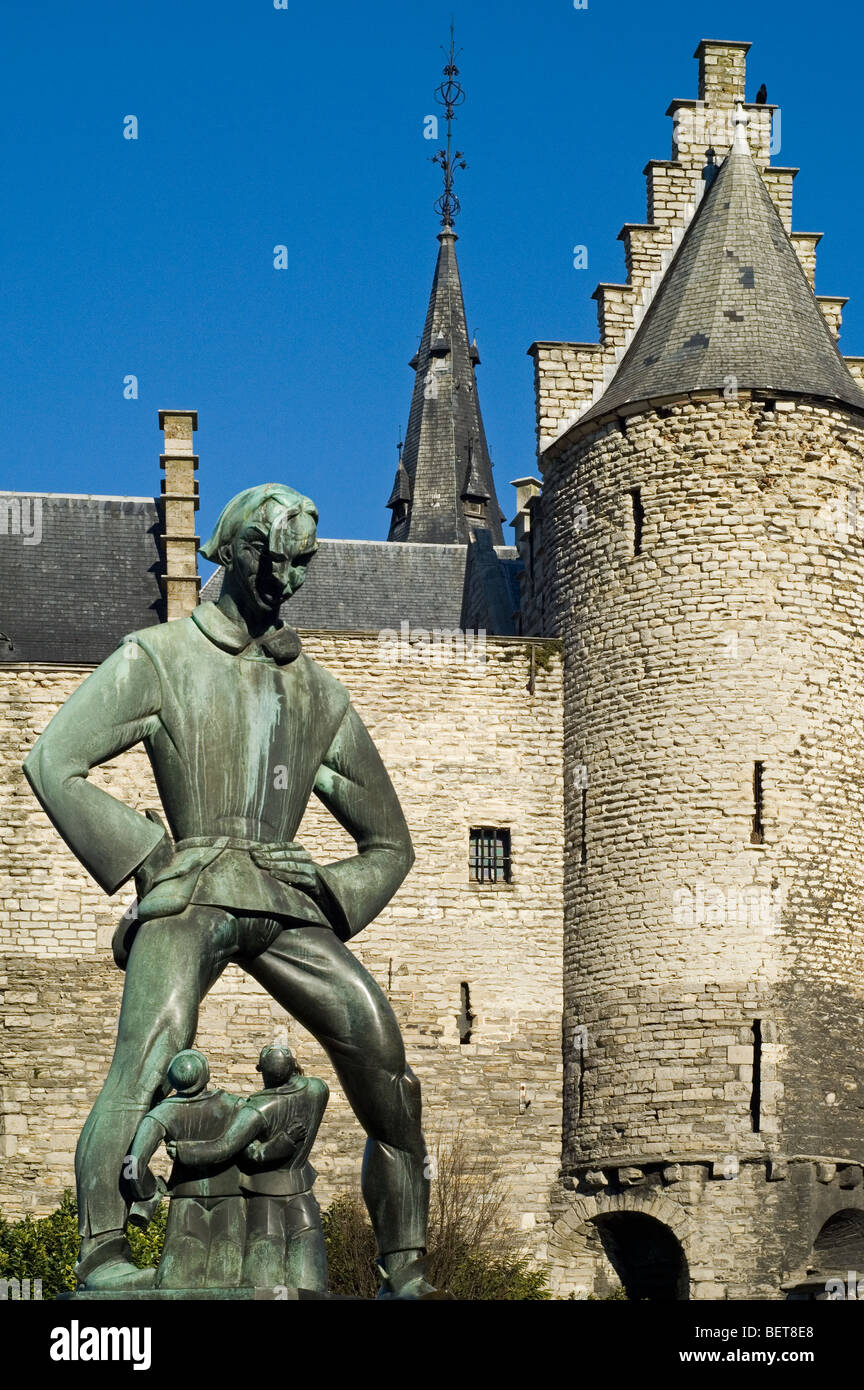 The Lange Wapper statue at the entrance of the castle The Steen on the border of the river Scheldt, Antwerp, Belgium, Europe Stock Photo