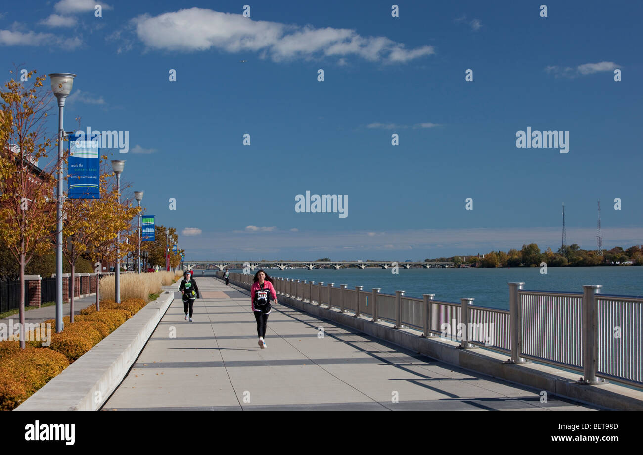 Detroit, Michigan Runners on the Detroit Riverwalk during the Detroit