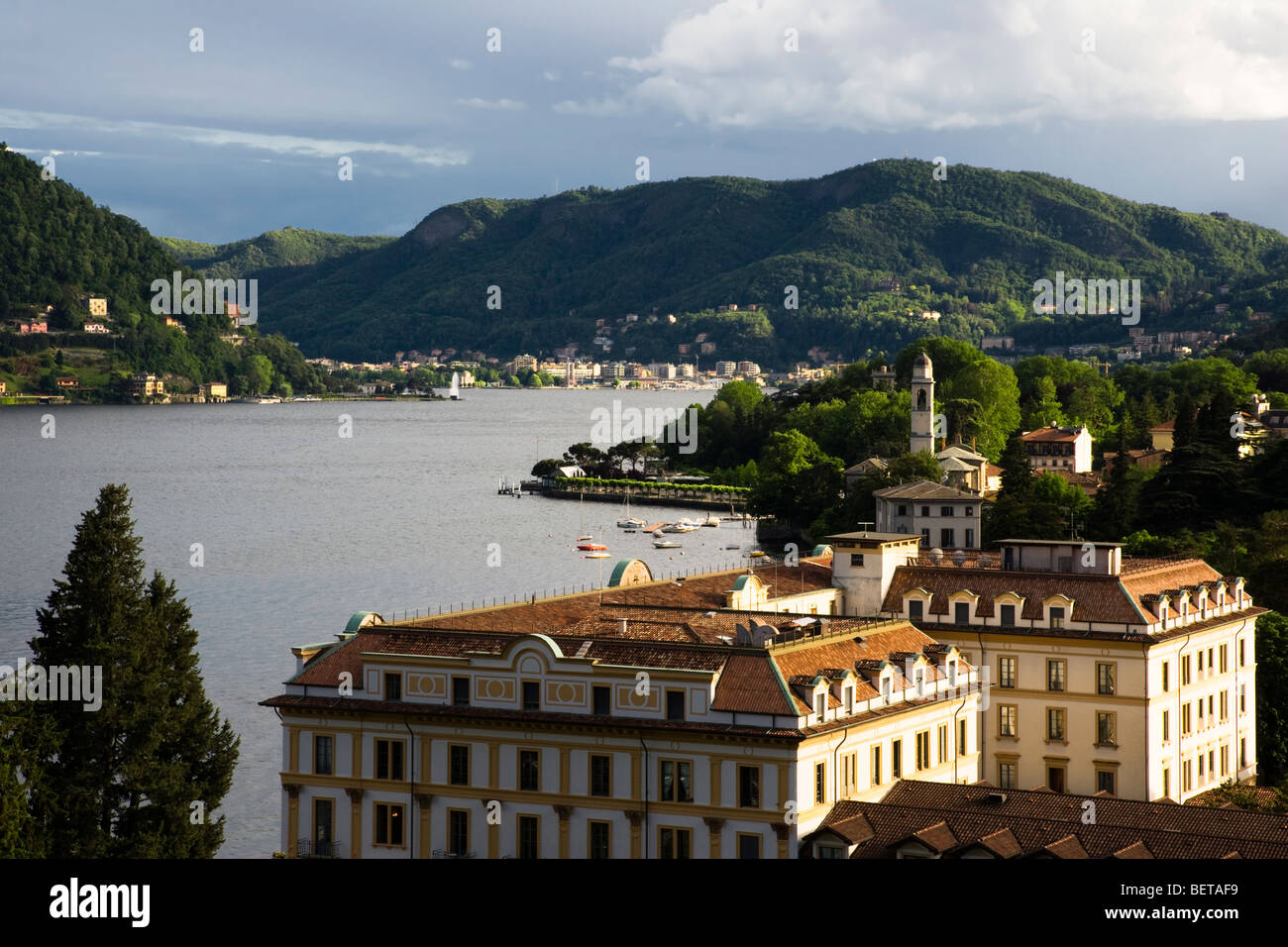 Beautiful peaceful scenic vista Lake Como Italy , town of Como viewed ...