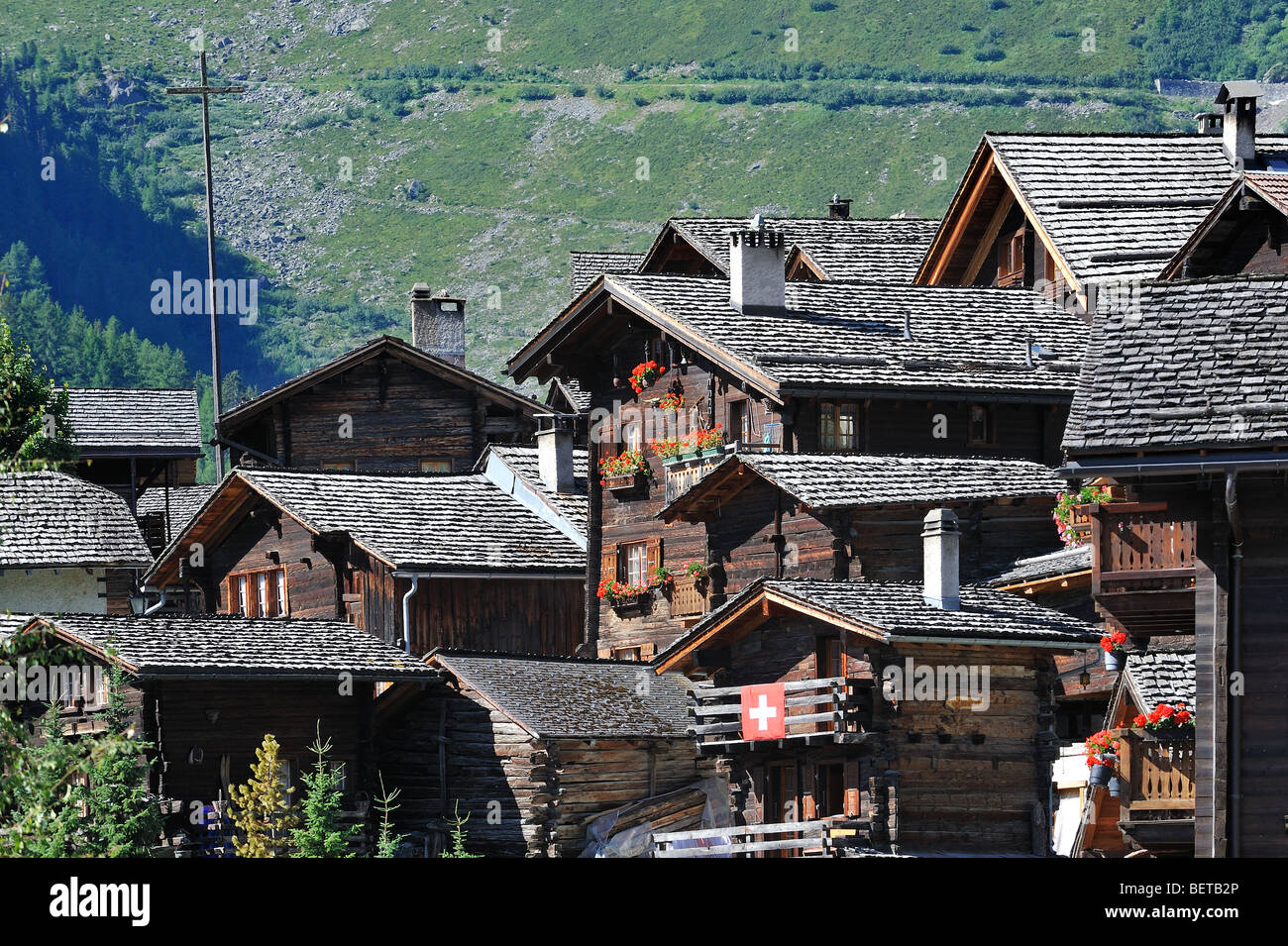 Traditional Swiss wooden houses / chalets in the Alpine village
