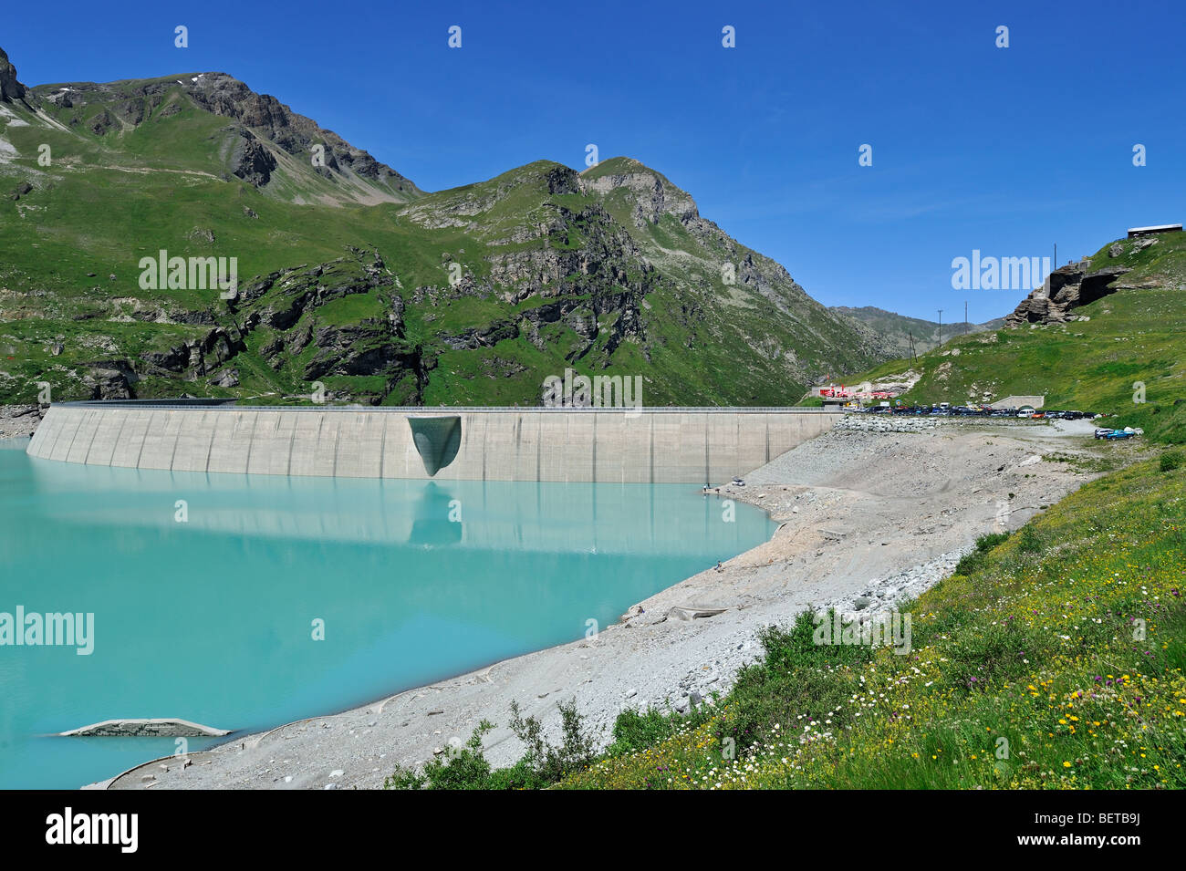 The Swiss dam Lac de Moiry near Grimentz is a reservoir in the Alps at Valais / Wallis, Switzerland Stock Photo