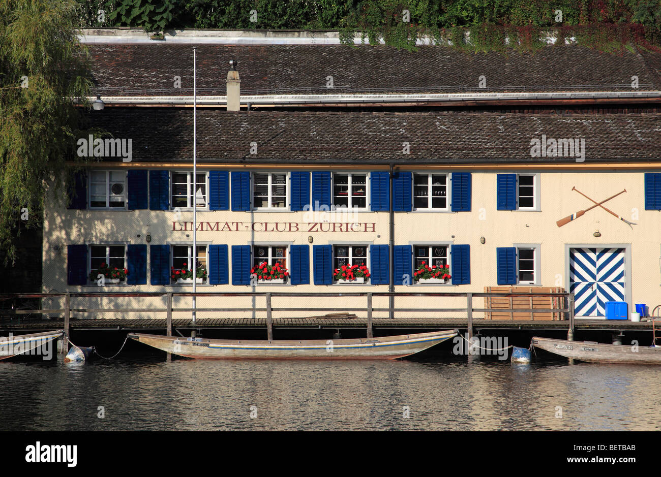 Switzerland, Zurich, Limmat Club, riverside, boats Stock Photo
