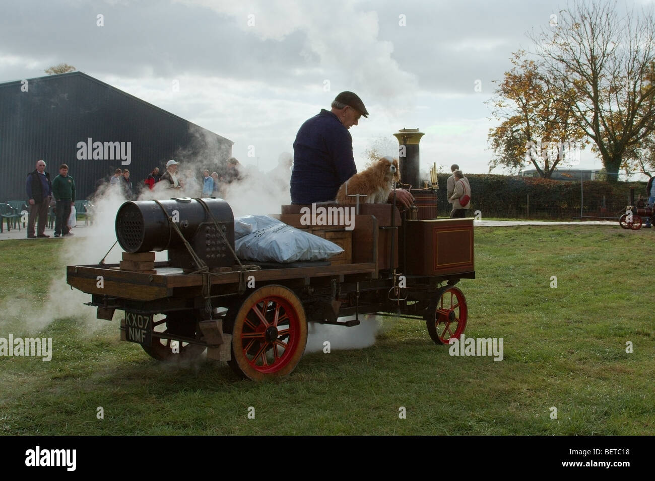 a live steam enthusiast driving his scale model steam lorry with his dog as a passenger Stock Photo