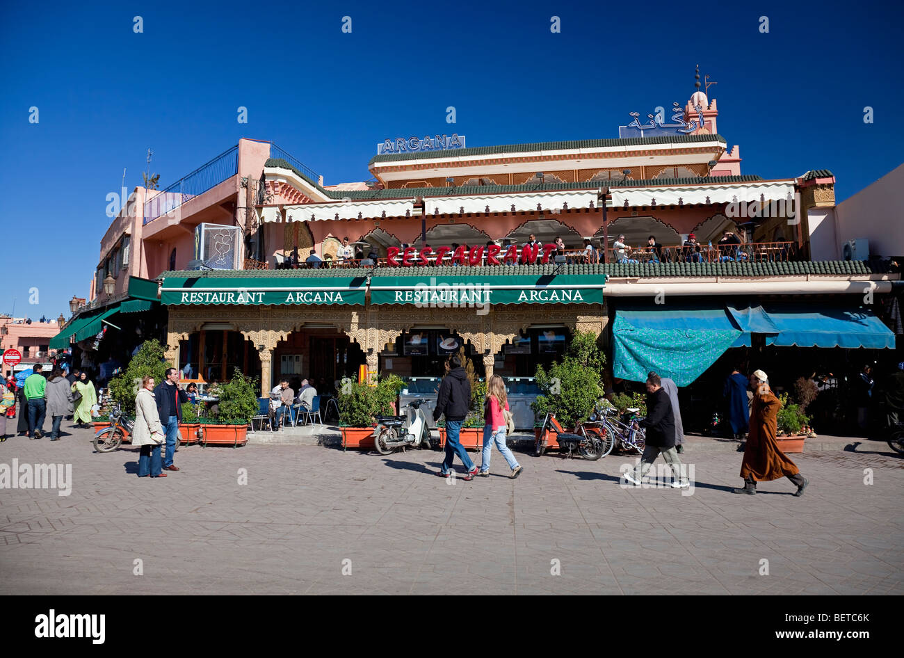 Fresh Look at Café Argana On Place Jemaa El Fna Marrakesh Morocco Stock