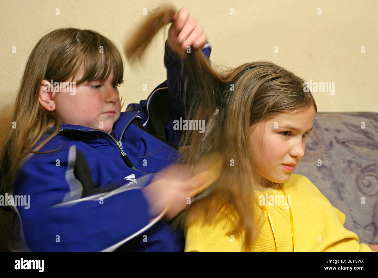 young girl combing her sister´s hair Stock Photo Alamy
