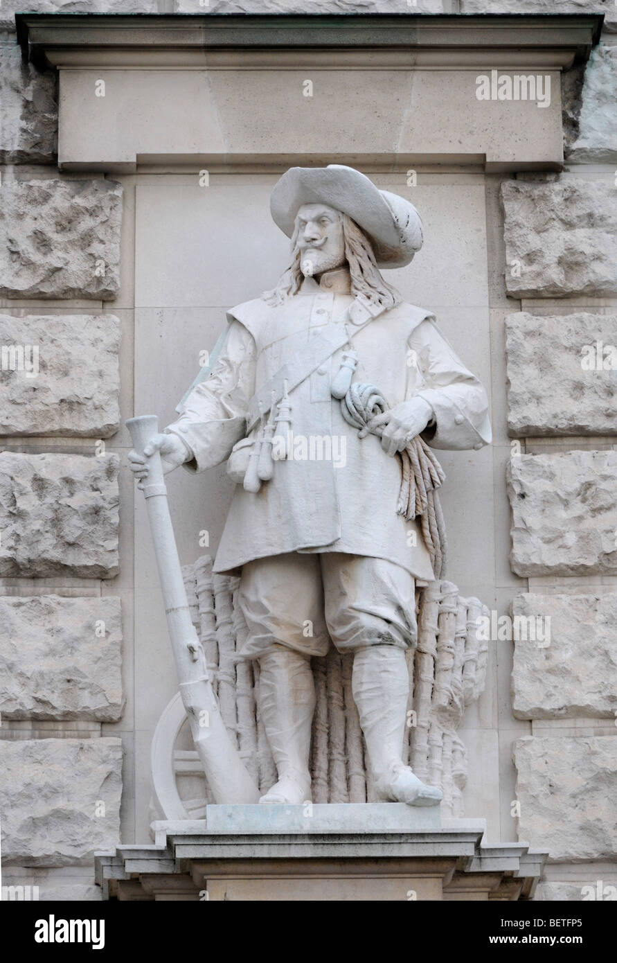 Vienna, Austria. Heldenplatz. Stone statue on the facade of the Neue Burg: soldier of Wallenstein, Thirty Years War (Franz Koch) Stock Photo