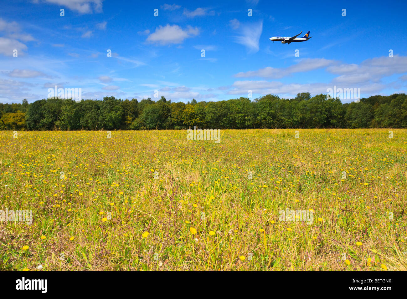 Airplane flying over land threatened by the proposed expansion at Stansted airport near London. Stock Photo