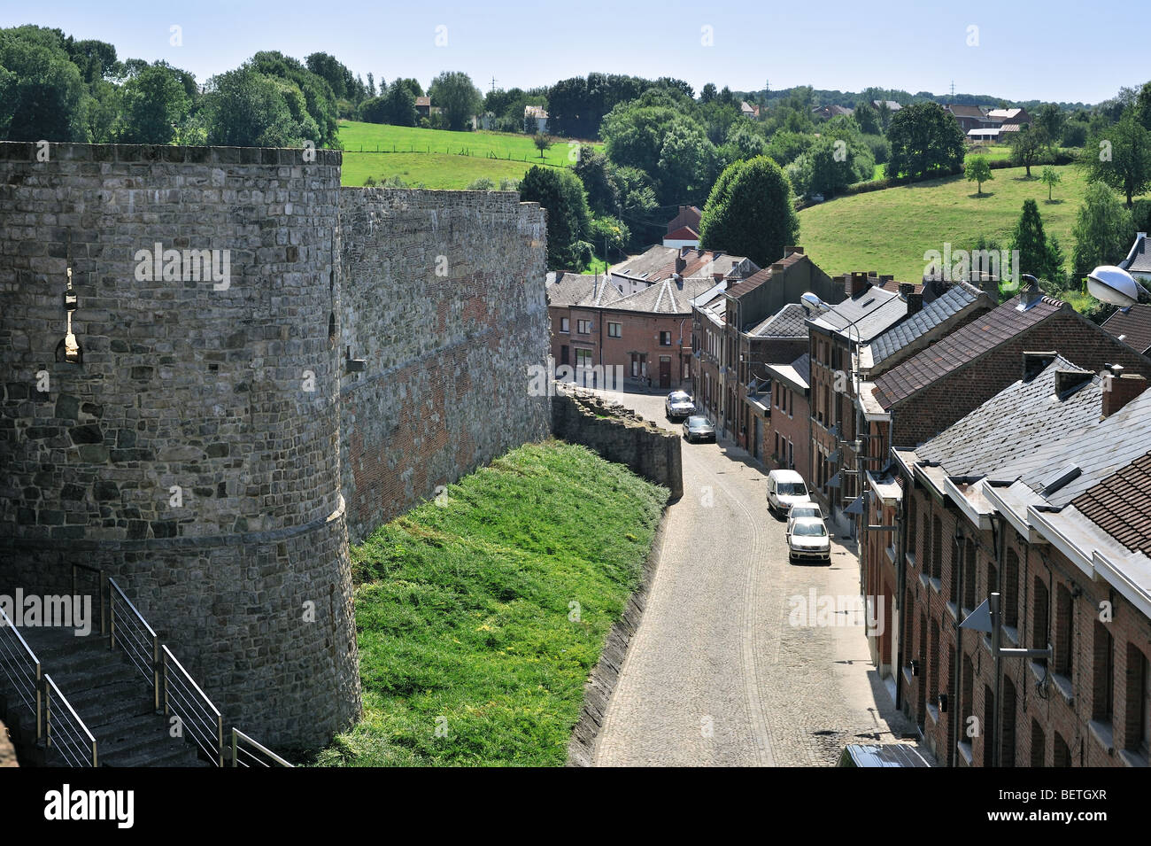 View over street and old medieval town rampart at Binche, Hainaut, Wallonia, Belgium Stock Photo