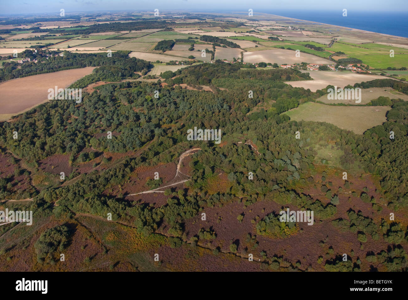 an aerial view of Kelling heath nature reserve and farmland Norfolk Stock Photo