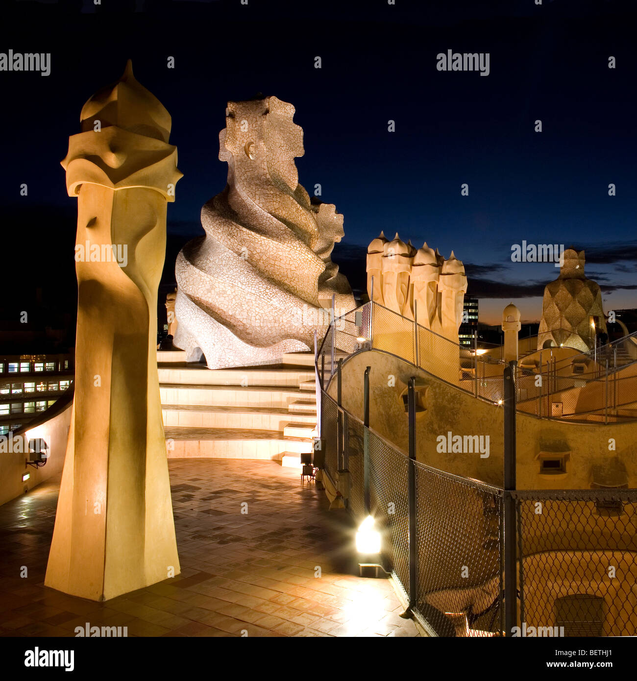 View of the roof of the Pedrera at night in Barcelona. Stock Photo