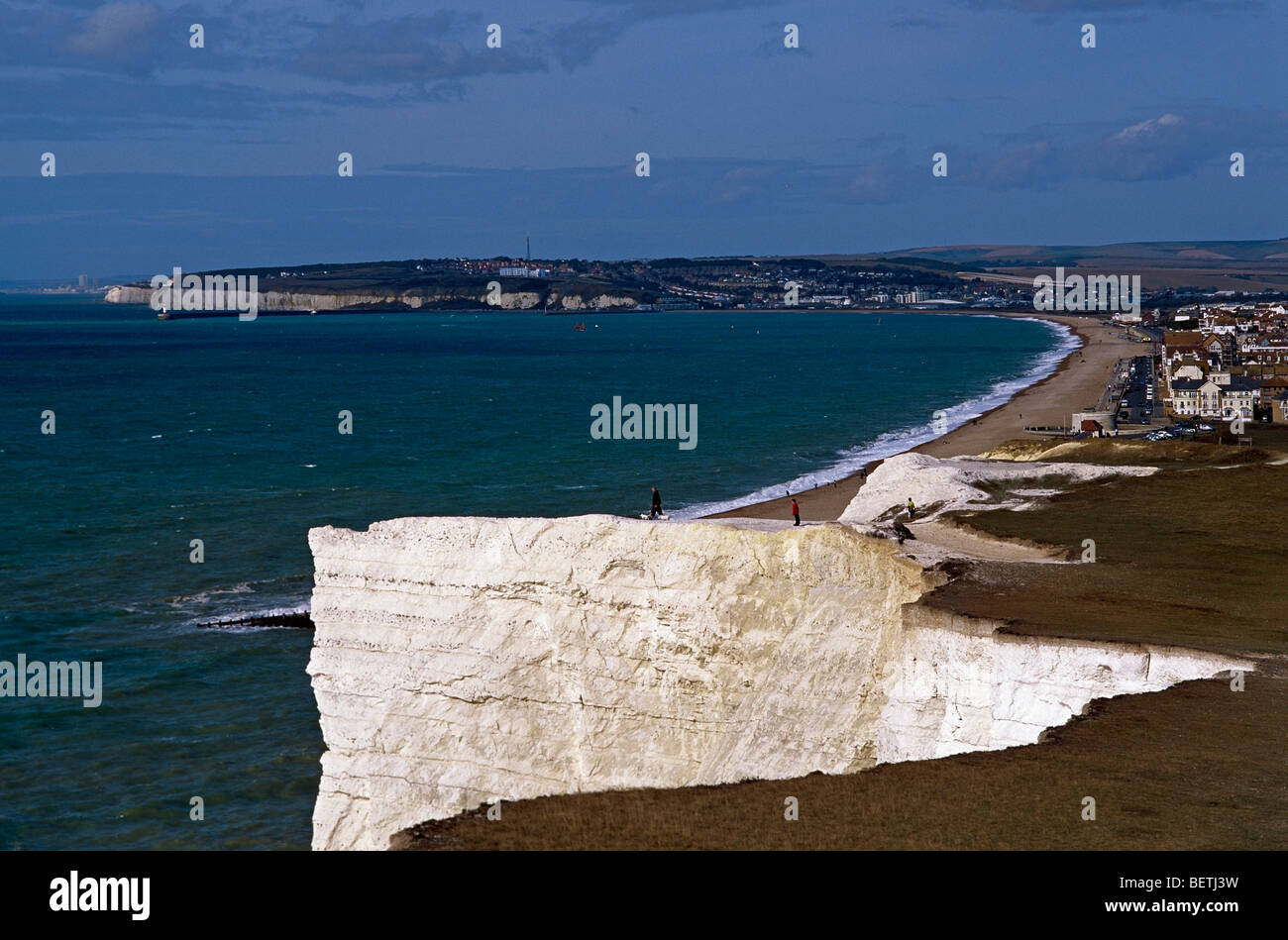 Looking West from Seaford Head across the beach and promenade of Seaford towards Newhaven and the Telscombe Cliffs Stock Photo