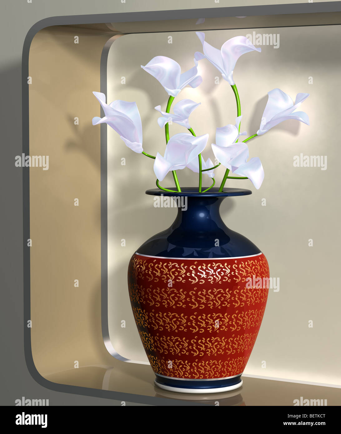 Illustration of a vase of elegant flowers on a modern shelf Stock Photo