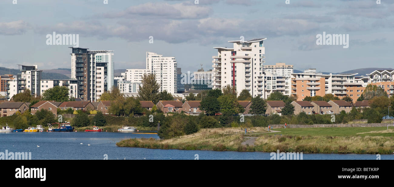 High Rise Buildings in Cardiff seen from Cardiff Bay across the River Taff Stock Photo