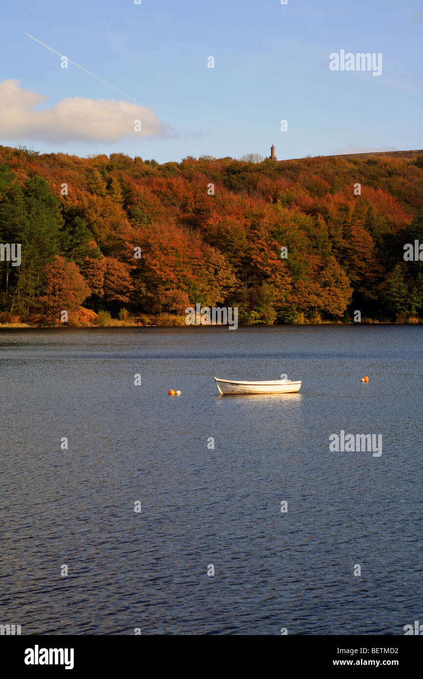 Roddlesworth Upper Reservoir in Autumn with Jubilee Tower in distance