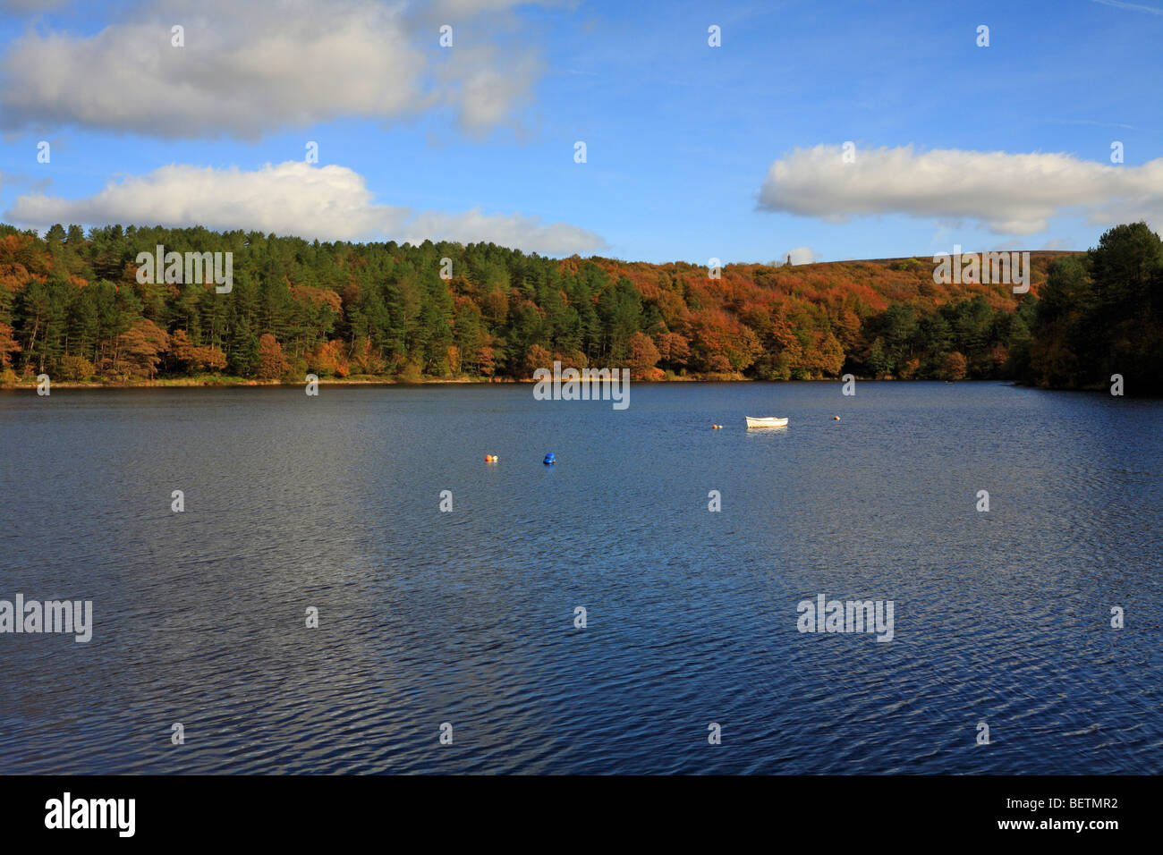 Roddlesworth Upper Reservoir in Autumn with Jubilee Tower in distance