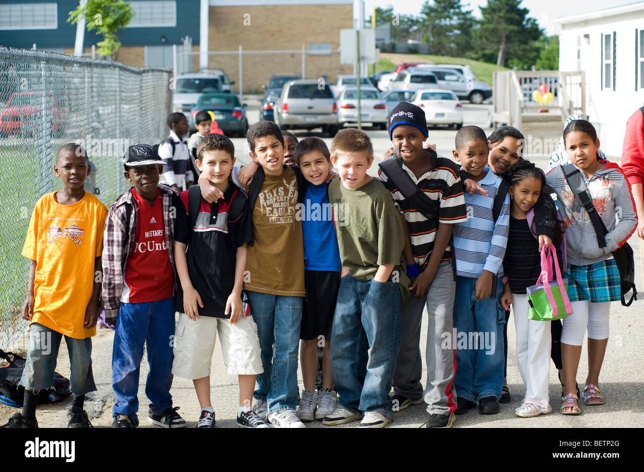 Large group of students outside Beech Elementary School Manchester NH