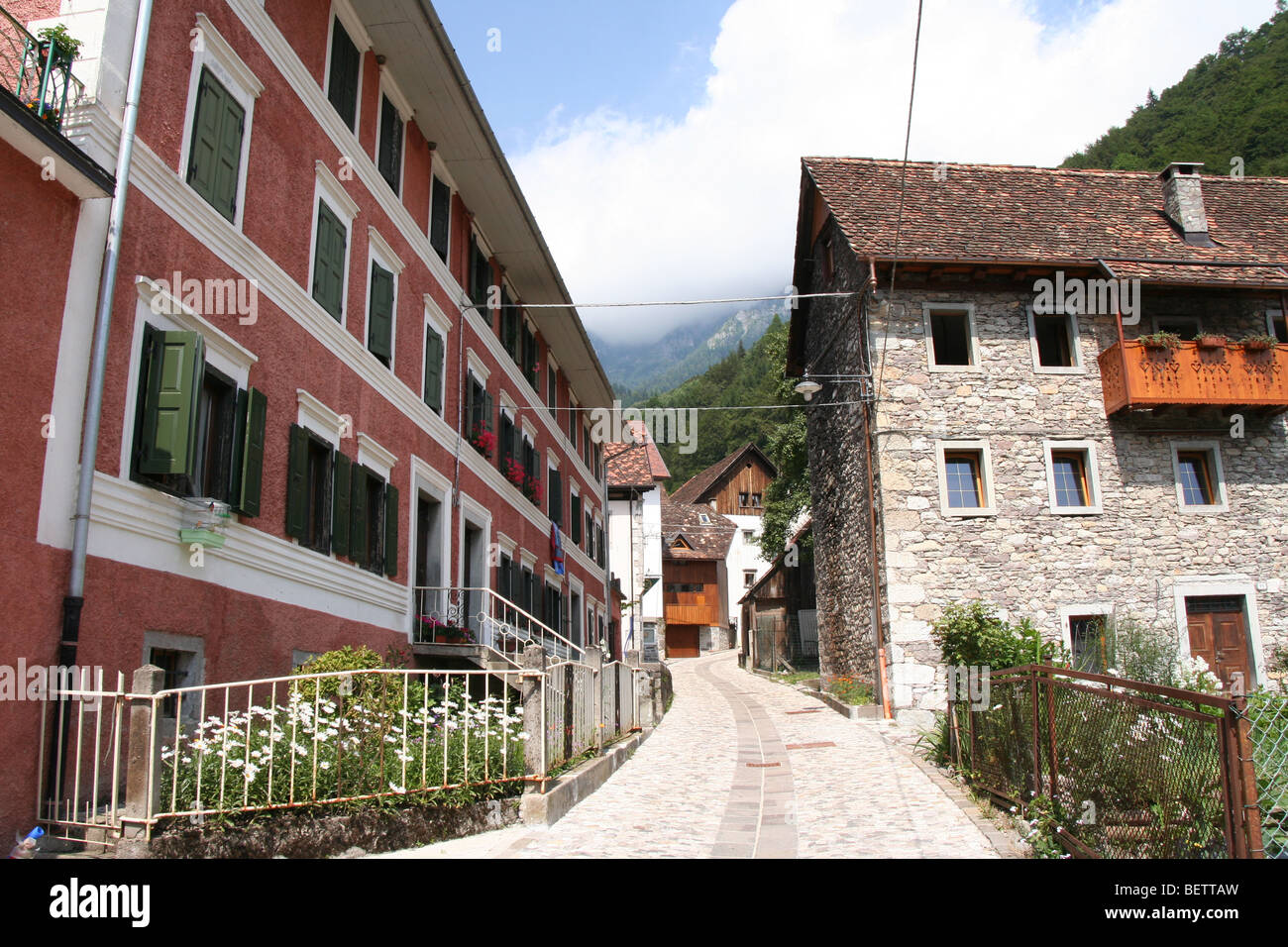 quiet street in the alpine village of Pesariis, Carnia, Friuli, north Italy Stock Photo