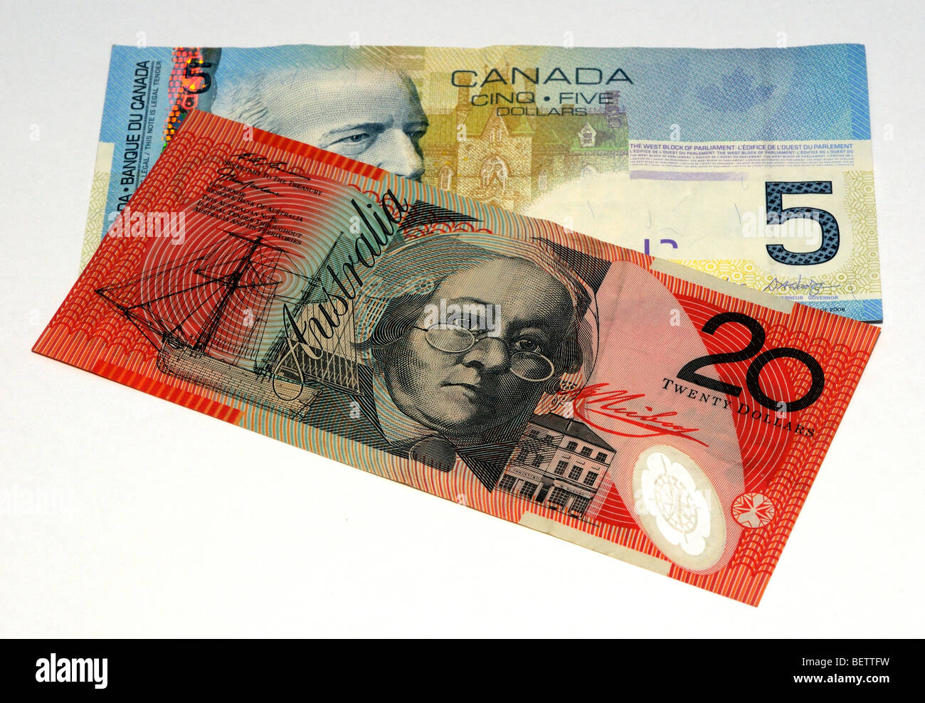 Canadian Dollar and Australian Dollar Bank Notes. Stock Photo