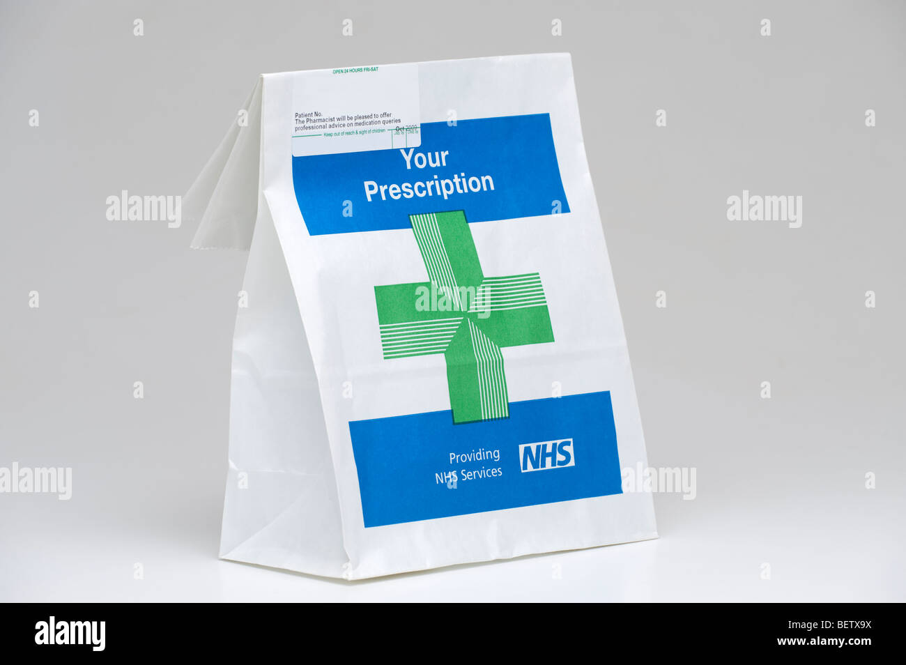 NHS prescription paper medicine bag carrier. EDITORIAL ONLY Stock Photo