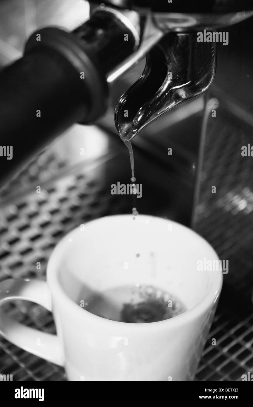Freshly ground coffee being dispensed by a coffee machine Stock Photo