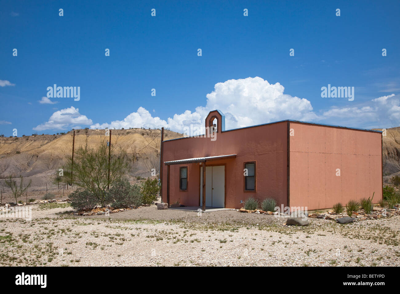 Small modern church building in desert town of Study Butte Texas USA