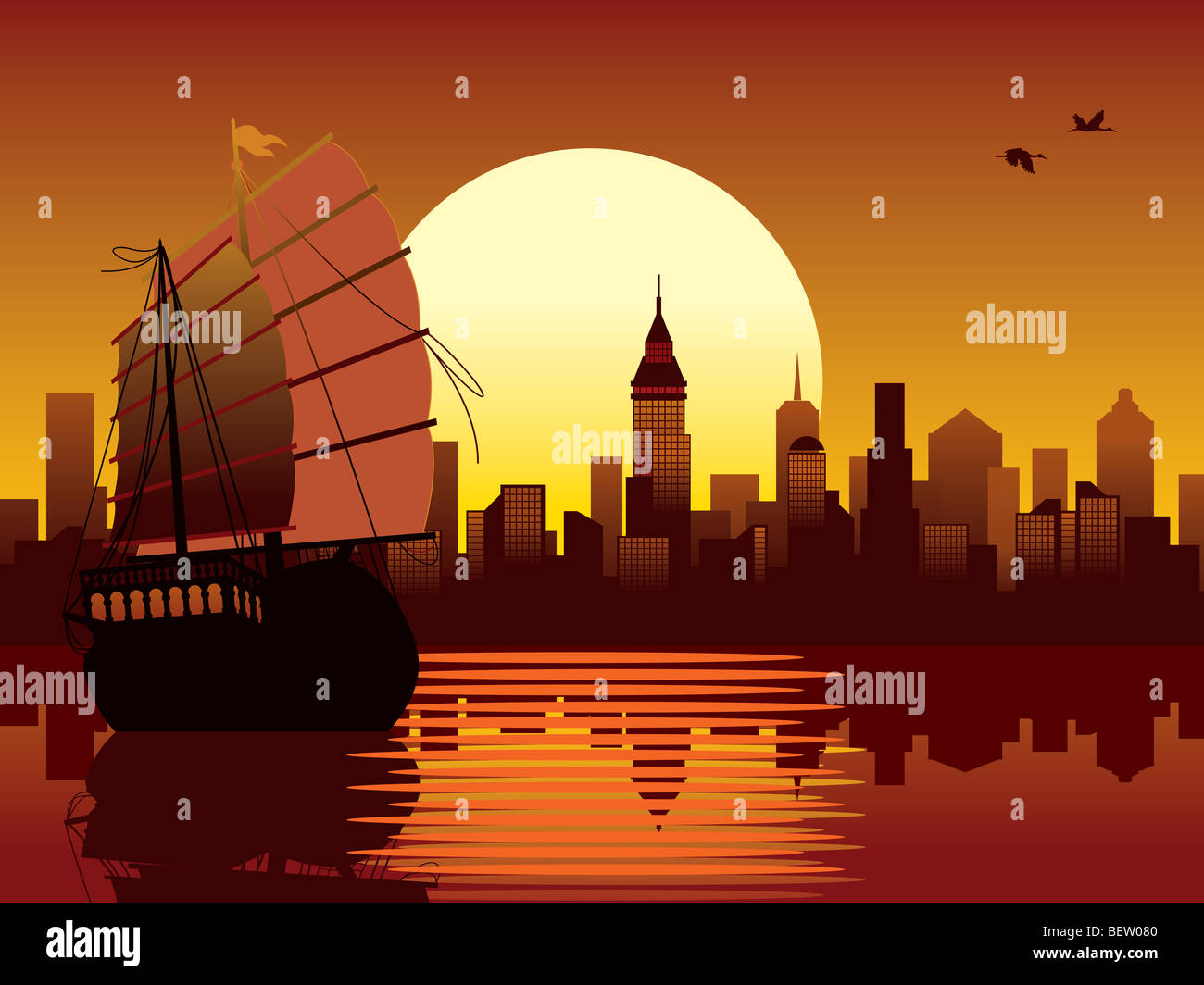 Illustration with panorama of oriental modern city and ancient ship sailing Stock Photo