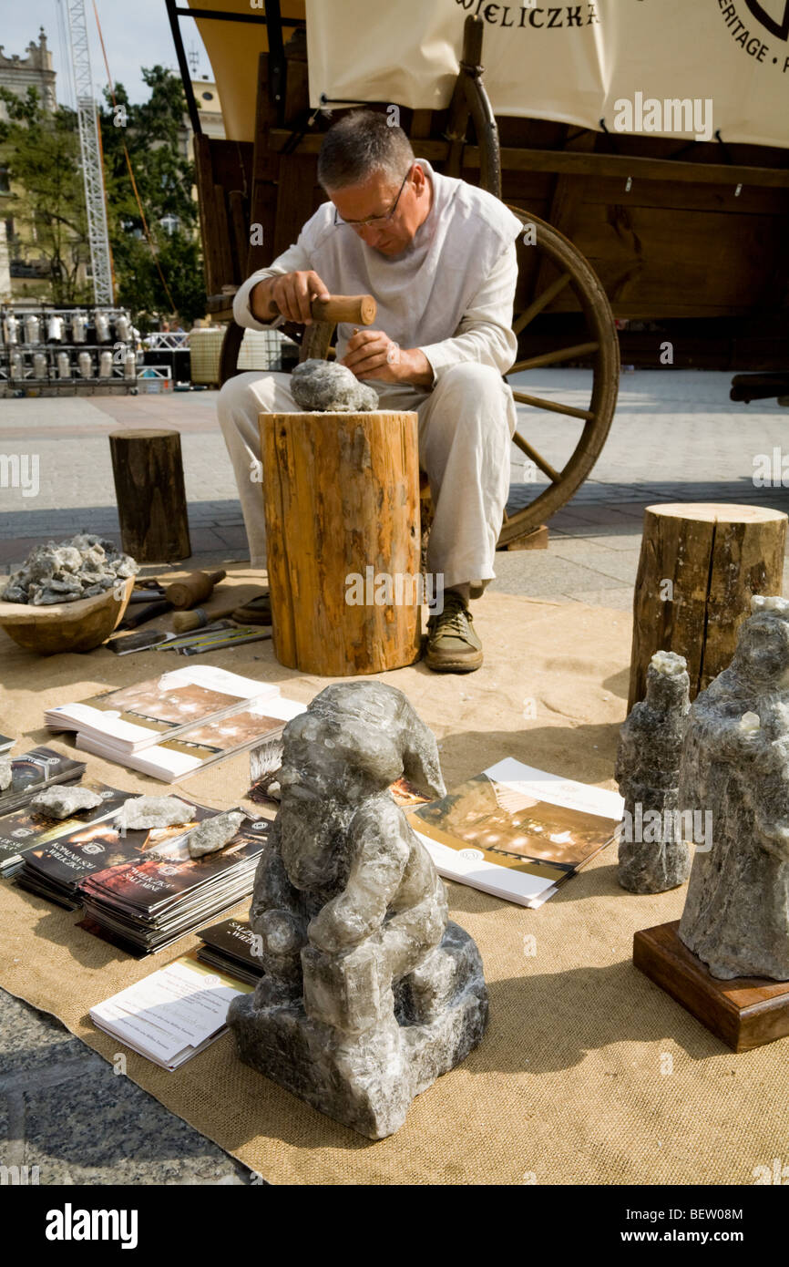 Local artist producing sculptures in rock salt from the Wieliczka salt