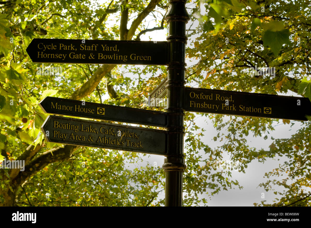 Finsbury Park signpost directions directional North London England UK