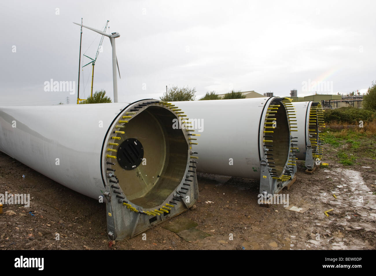 Blades ready to be installed on Nordex N90 wind turbine under construction at Solutia UK Ltd Newport South Wales UK Stock Photo