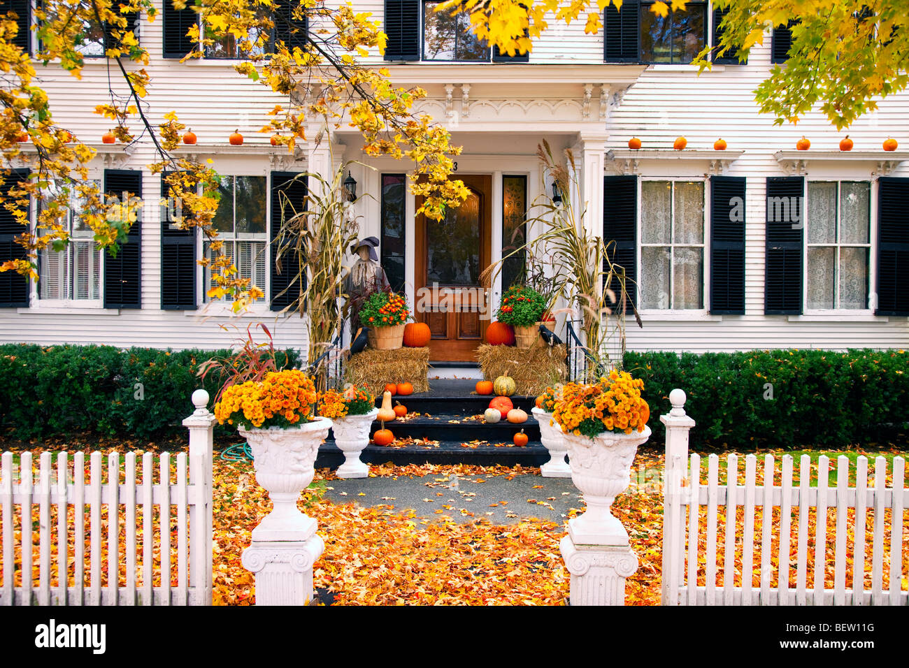 Front Porch in Autumn - Woodstock Vermont USA Stock Photo