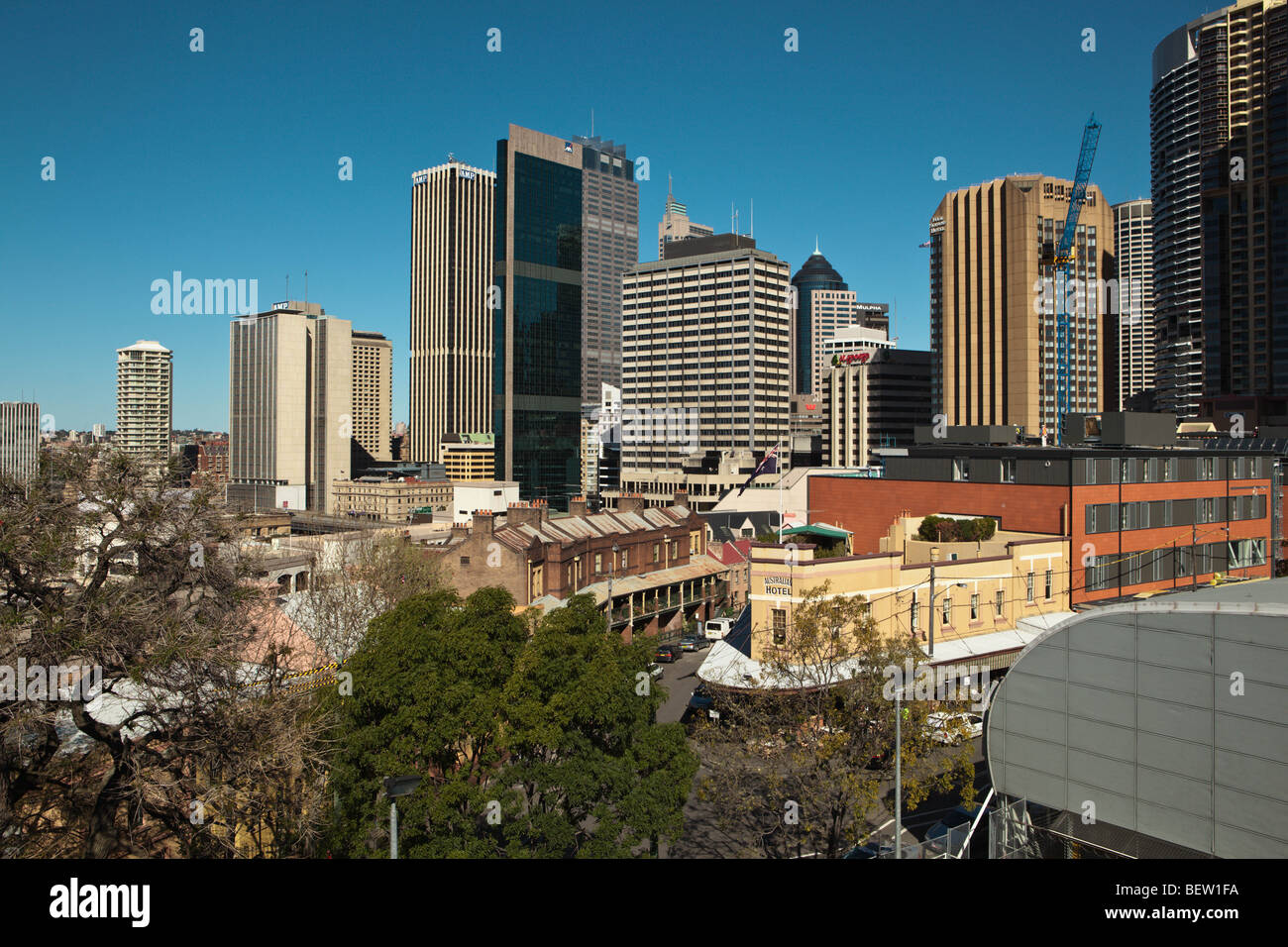 Old buildings in the rocks with the CBD in the background Stock Photo