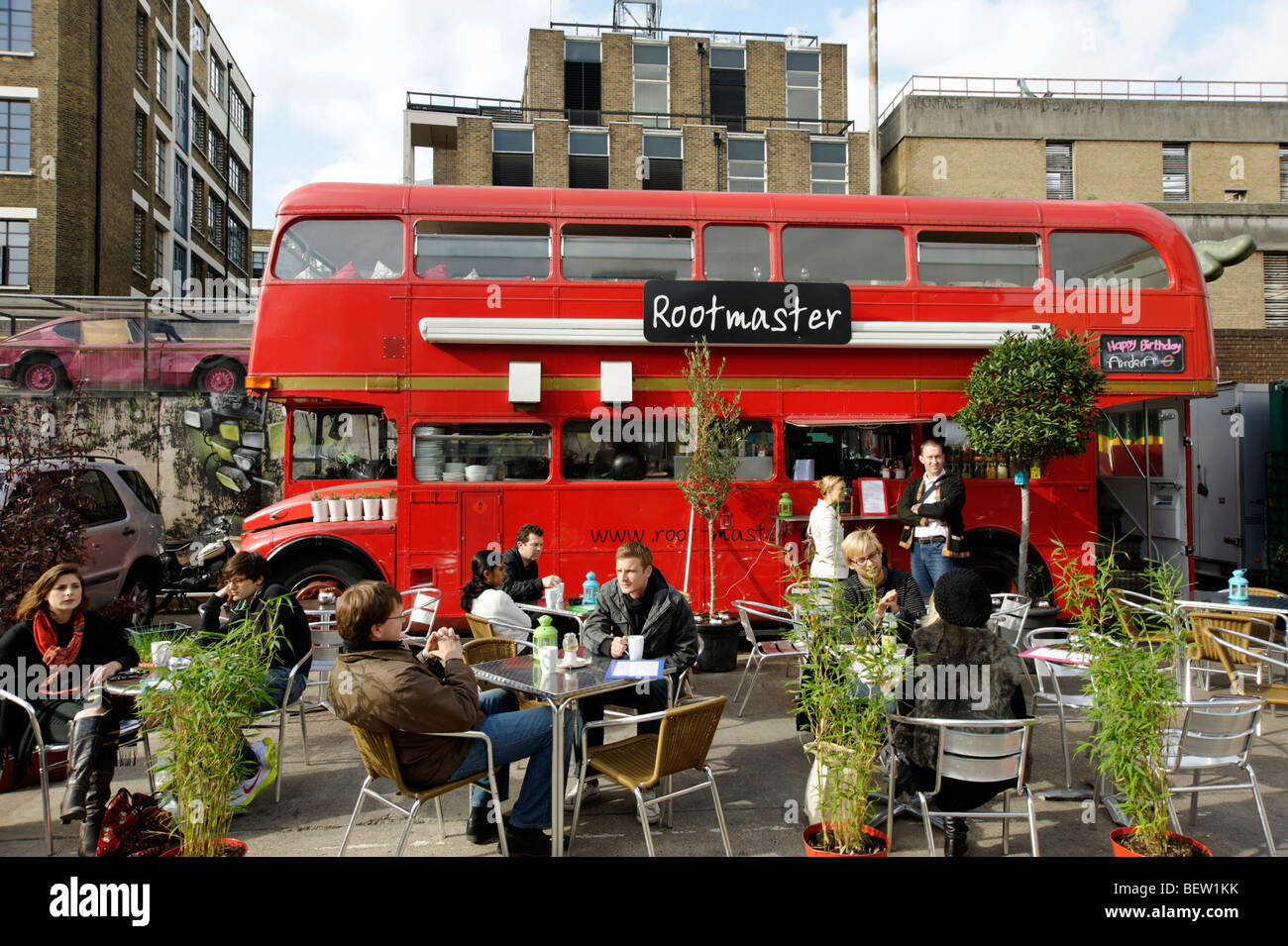 Rootmaster Cafe. Converted old AEC Routemaster bus at UpMarket in the Old Trueman Brewery. London. Britain. UK Stock Photo