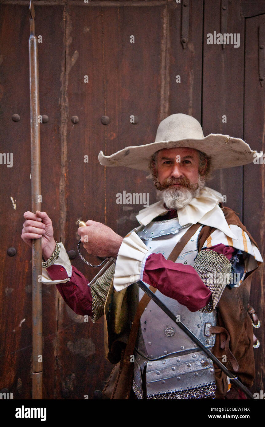 Man in Don Quixote costume for annual Cervantino festival honoring Spanish author Miguel de Cervantes in Guanajuato, Mexico. Stock Photo