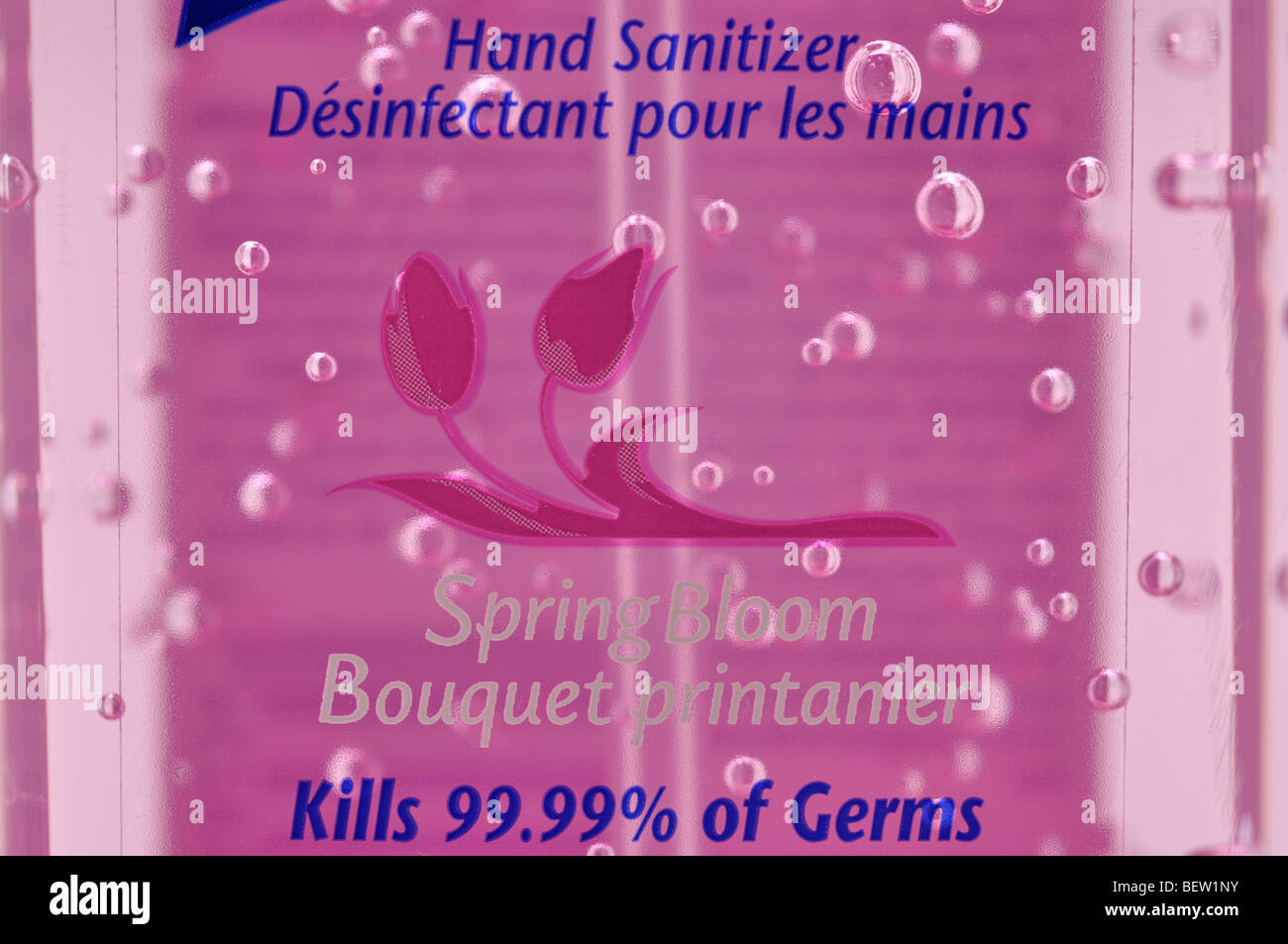 Close up of Hand Sanitizer Bottle Label Stock Photo