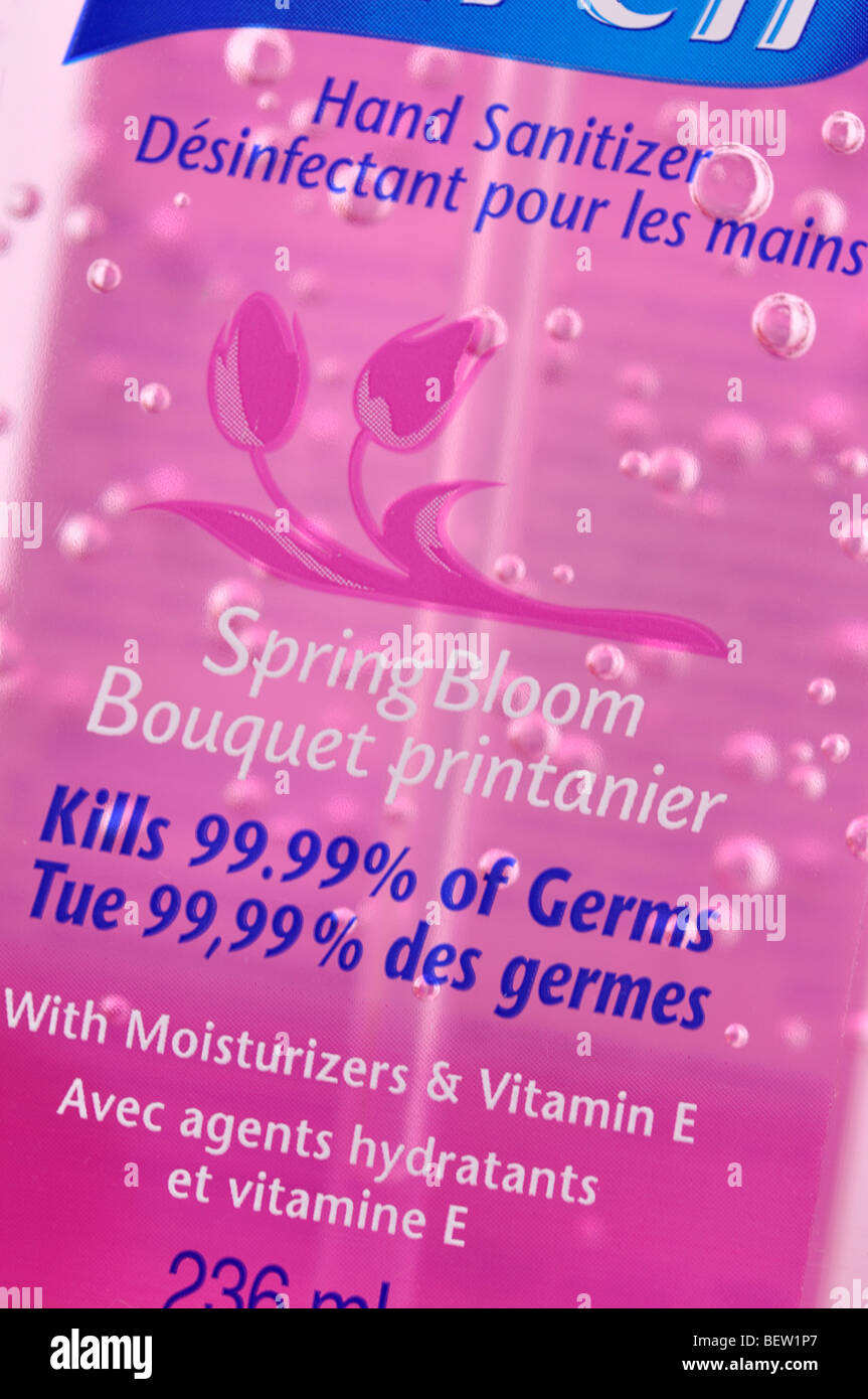 Close up of Hand Sanitizer Bottle Label Stock Photo