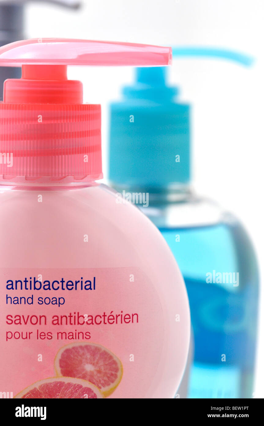 Bottles of Antibacterial Liquid Hand Soap Stock Photo