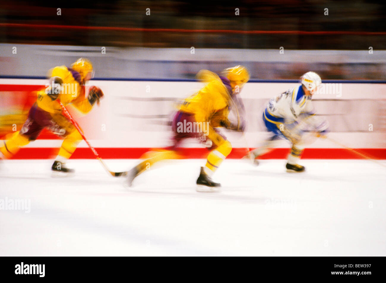 Professional hockey match in Stockholm's Globen Arena with players
