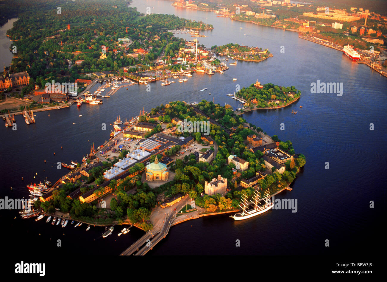 Above Skeppsholmen Island in Saltsjön waters of Stockholm which is a bay of the Baltic Sea Stock Photo