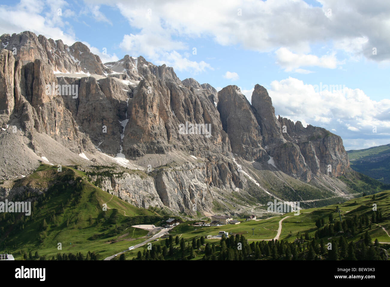 Sella massif and Passo Gardena in the Italian Dolomites summer Stock Photo