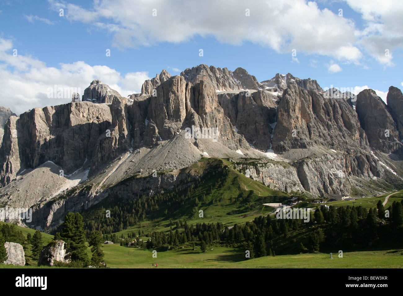 Sella massif and Passo Gardena in the Italian Dolomites summer Stock Photo