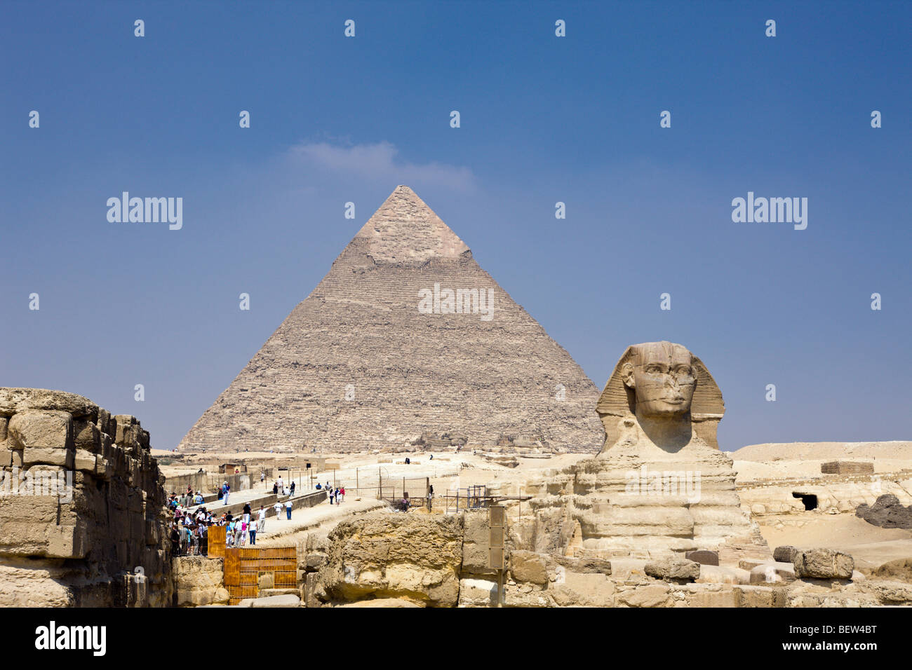 Great Sphinx of Giza against Khafra Pyramid, Cairo, Egypt Stock Photo