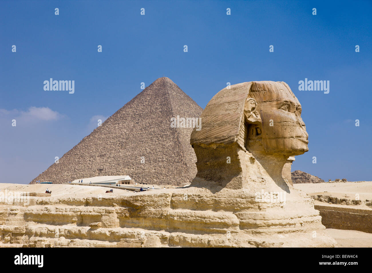 Great Sphinx of Giza against Cheops Pyramid, Cairo, Egypt Stock Photo