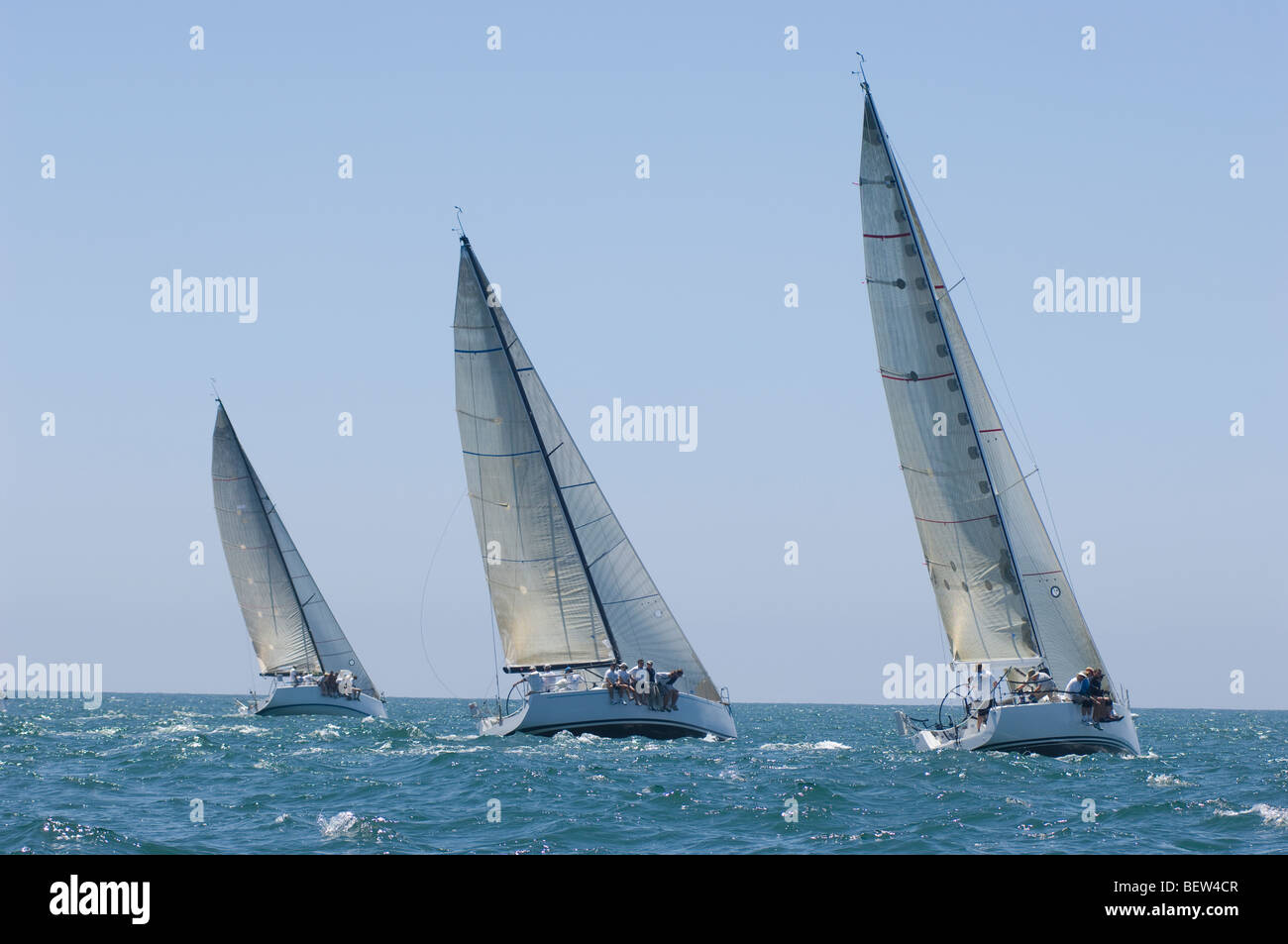 Three yachts compete in team sailing event, California Stock Photo