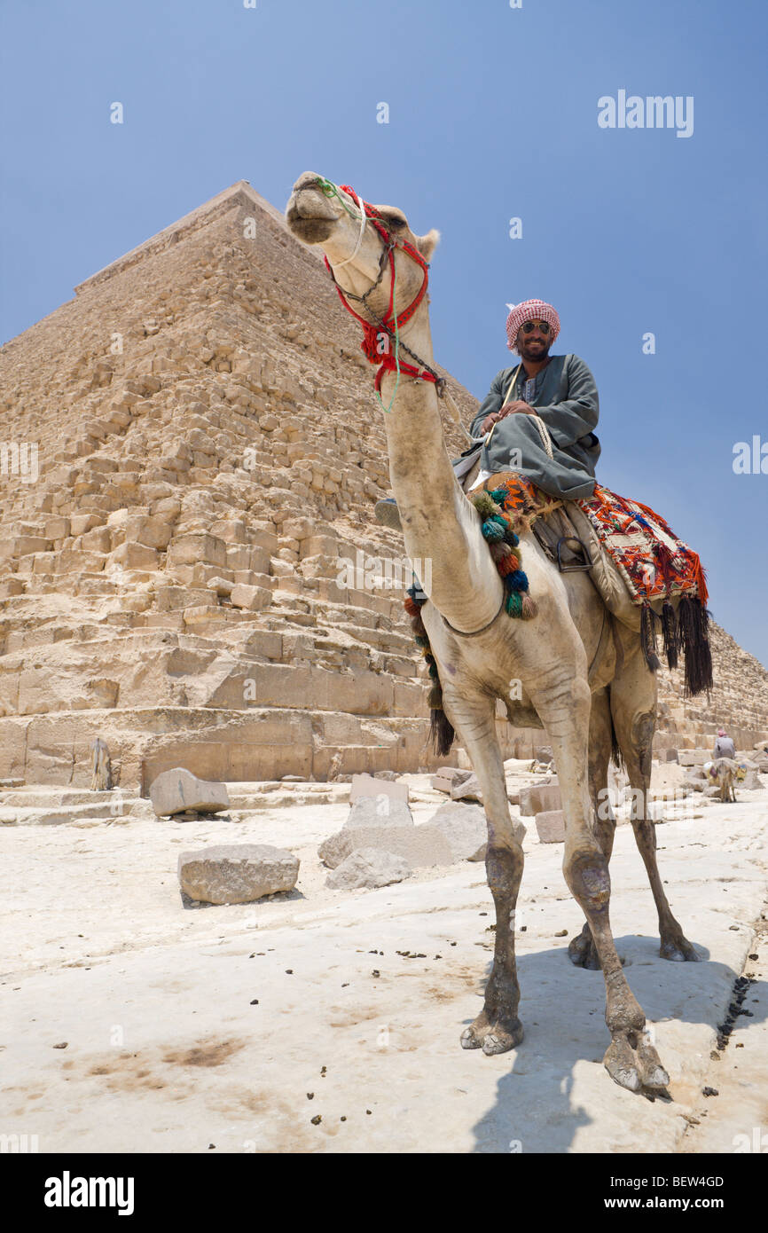 Camel Driver in Front of Pyramid of Khafra, Cairo, Egypt Stock Photo
