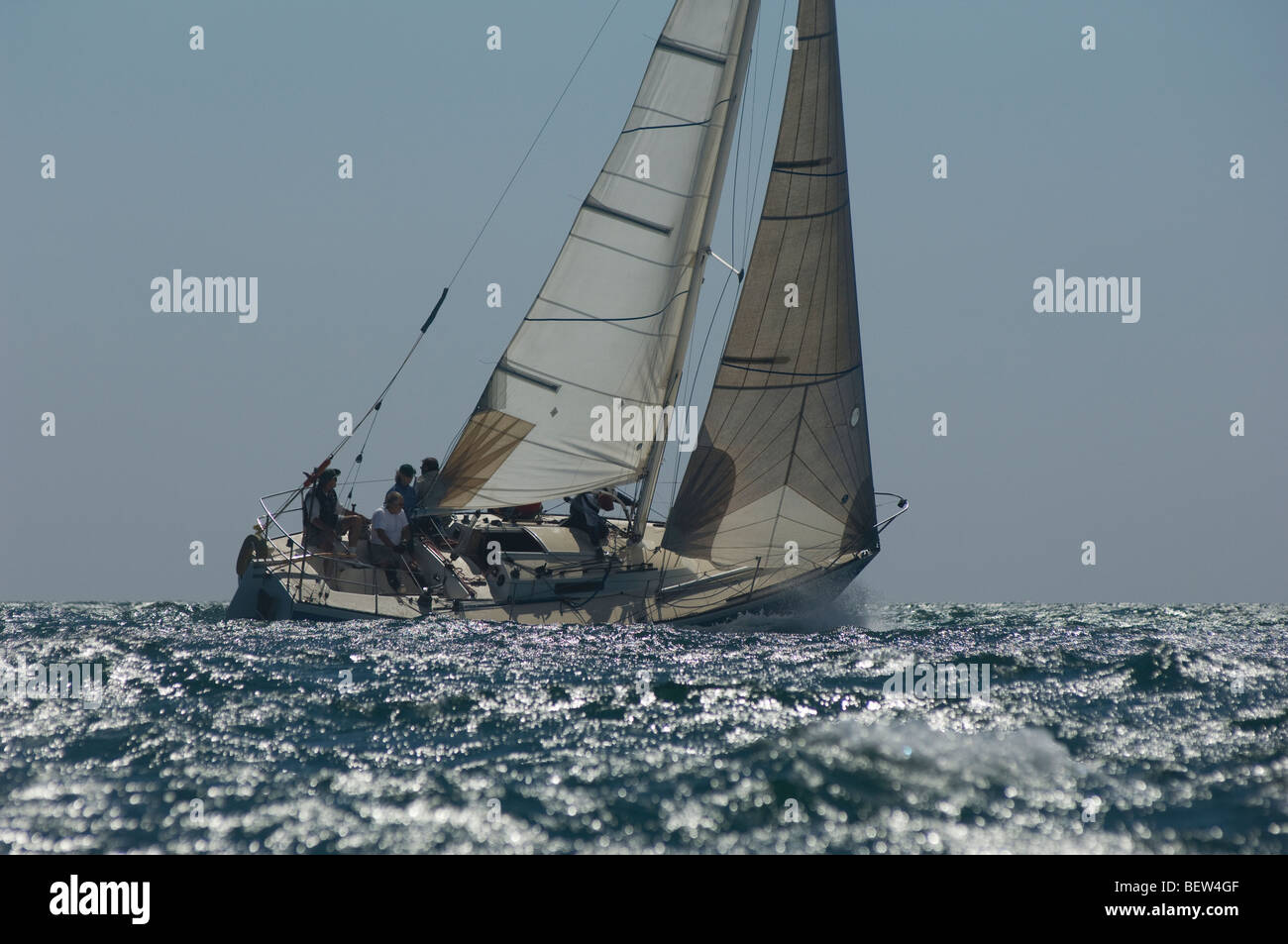 Crew members on board yacht competing in team sailing event, California Stock Photo