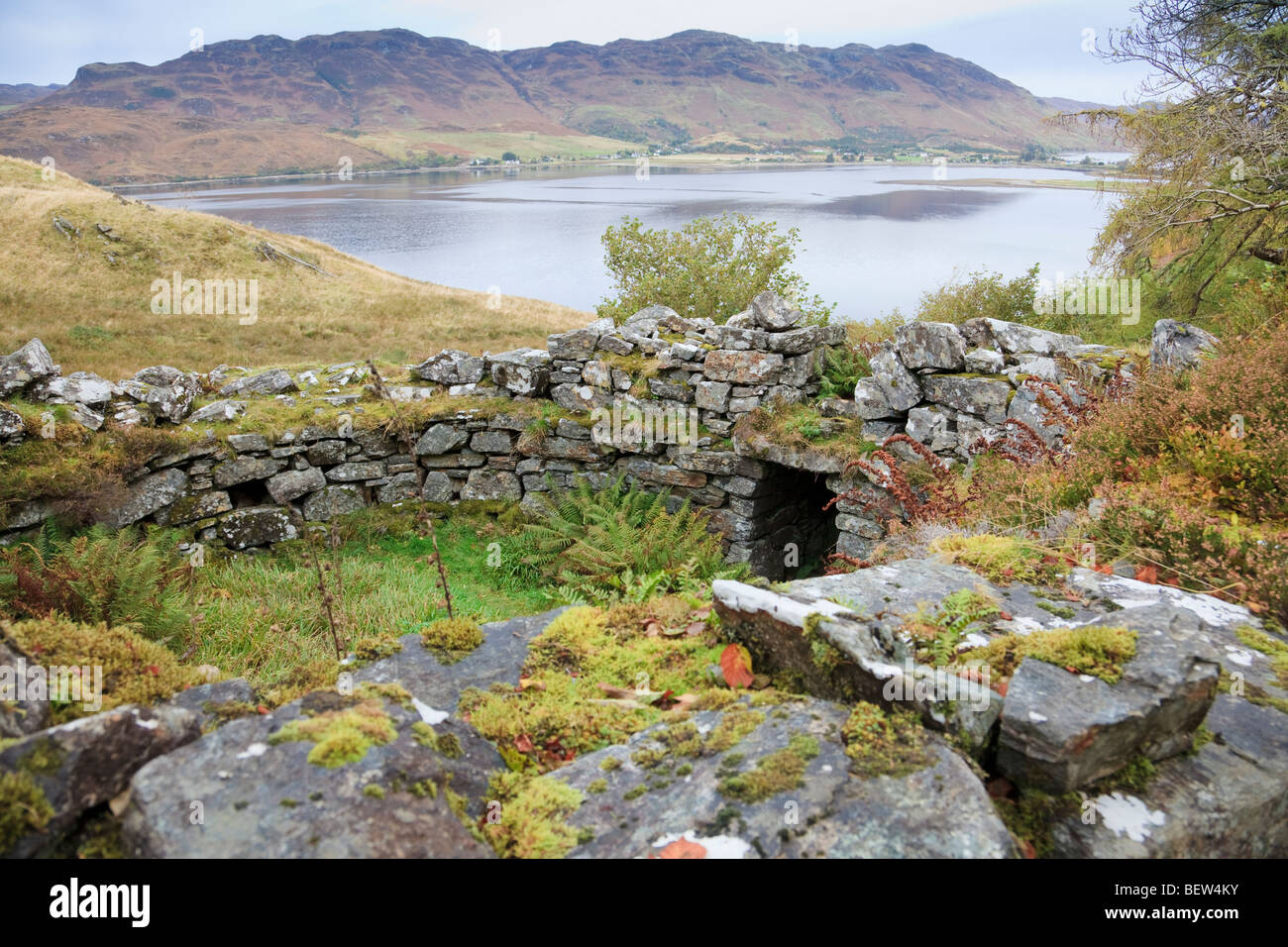 Caistel Grugaig Broch at Totaig and view to Loch Alsh Stock Photo