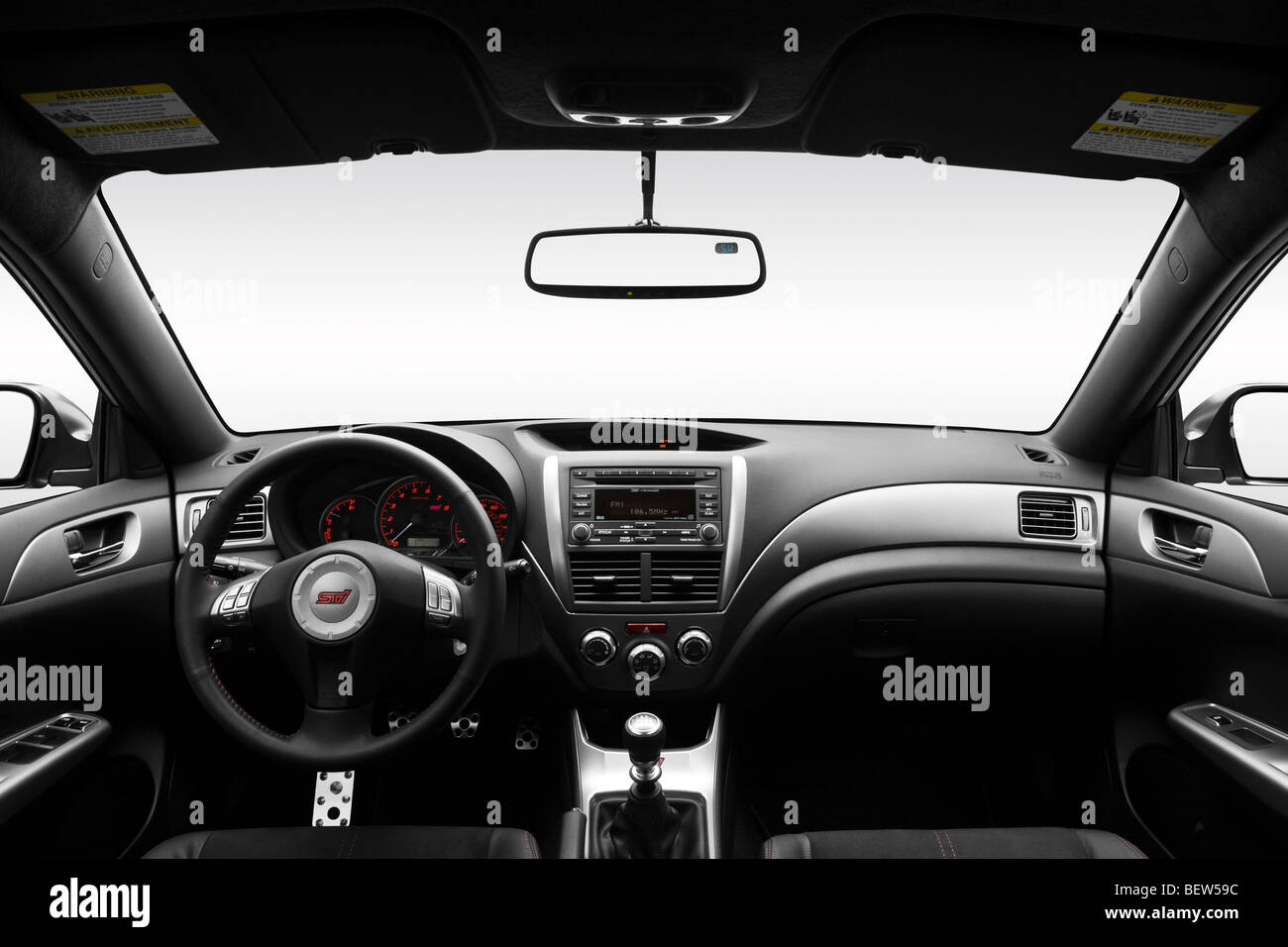 2010 Subaru Impreza WRX STI in Silver - Dashboard, center console, gear shifter view Stock Photo