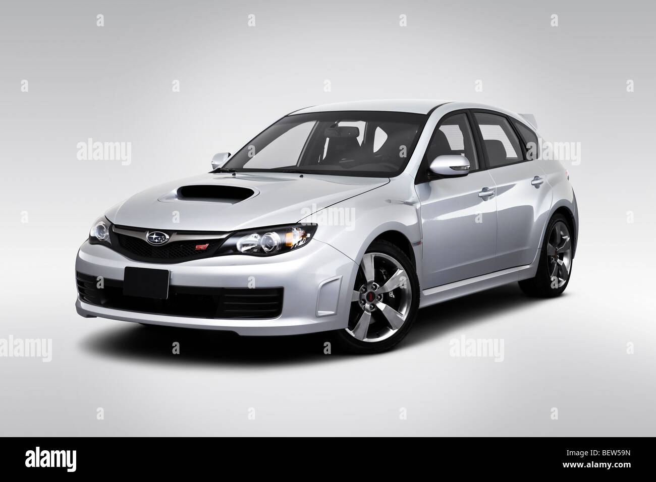 2010 Subaru Impreza WRX STI in Silver - Front angle view Stock Photo